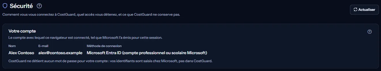 Le haut de la page Sécurité : le titre et le panneau Votre compte avec le nom, l'adresse e-mail et la méthode de connexion Microsoft Entra ID.