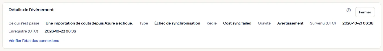 Le panneau Détails de l'événement d'un échec de synchronisation : ce qui s'est passé, le type, la règle, la gravité Avertissement, les deux heures en UTC et un lien pour vérifier la santé des connexions.