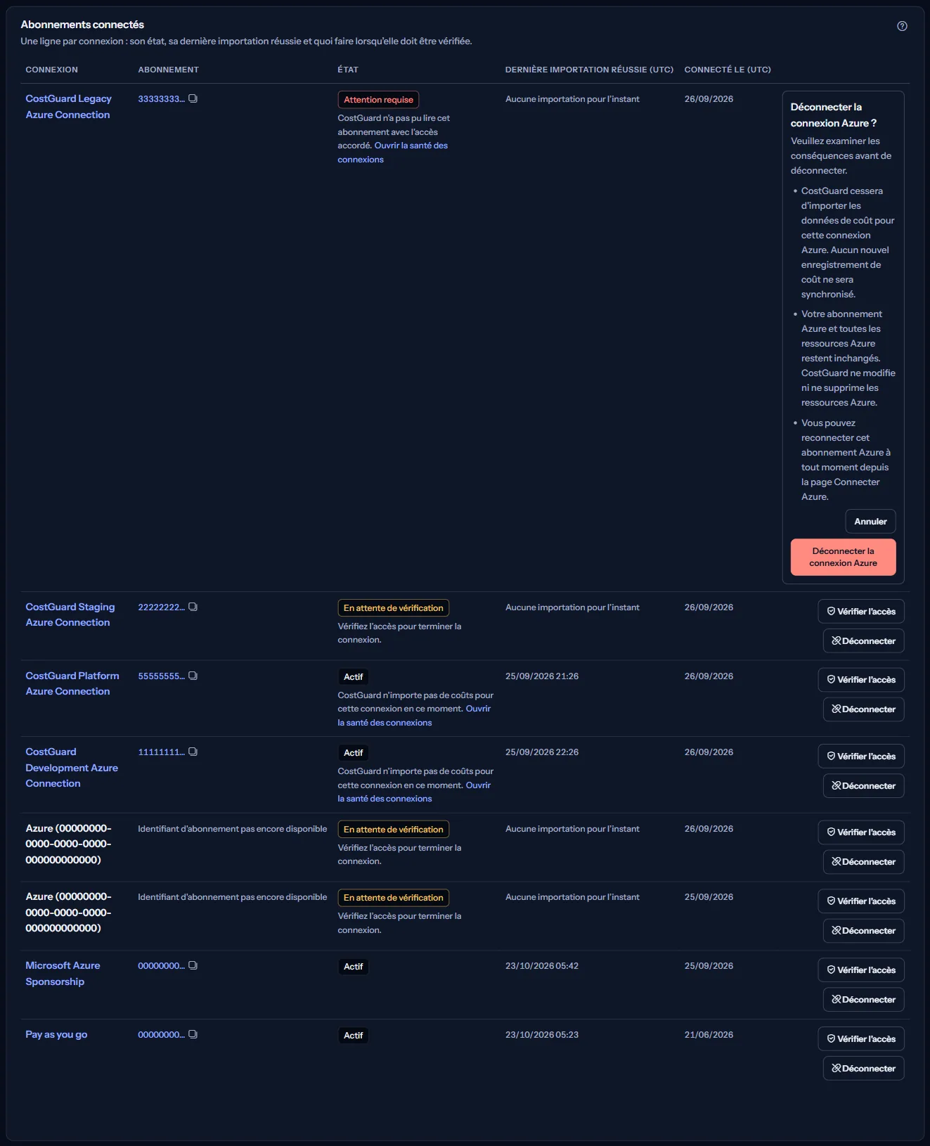 Une ligne du tableau « Abonnements connectés » avec la question de déconnexion ouverte, qui liste ce que la déconnexion arrête et conserve, avec « Déconnecter la connexion Azure » et « Annuler ».