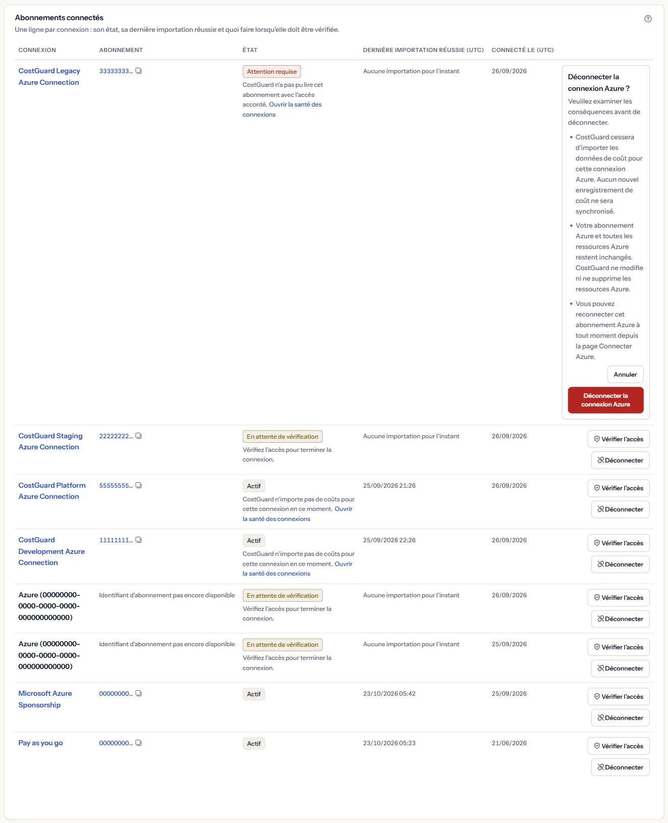 Une ligne du tableau « Abonnements connectés » avec la question de déconnexion ouverte, qui liste ce que la déconnexion arrête et conserve, avec « Déconnecter la connexion Azure » et « Annuler ».