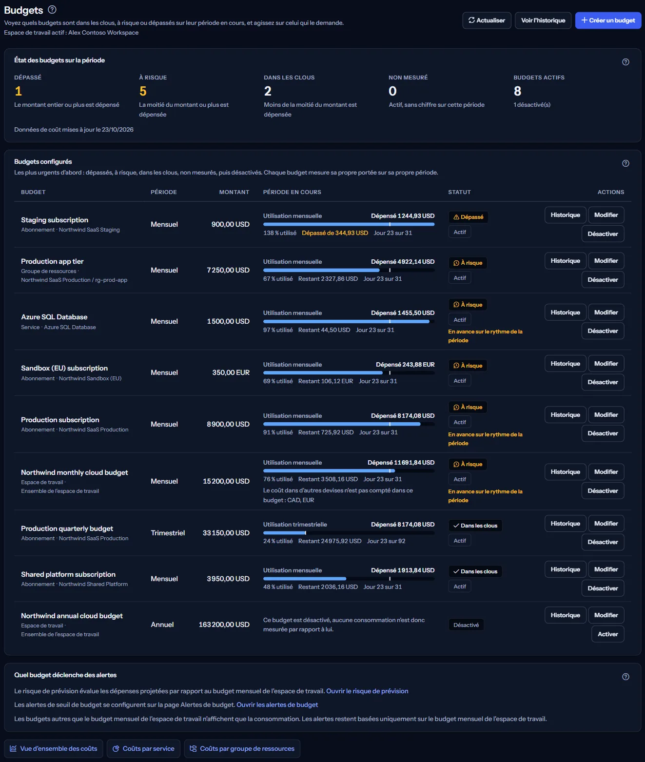 La page Budgets de l'espace de travail d'exemple : l'en-tête et ses trois actions, le résumé de l'état des budgets, la liste des budgets avec l'utilisation de la période, la carte qui indique quel budget déclenche des alertes, et les liens vers les pages de coûts.