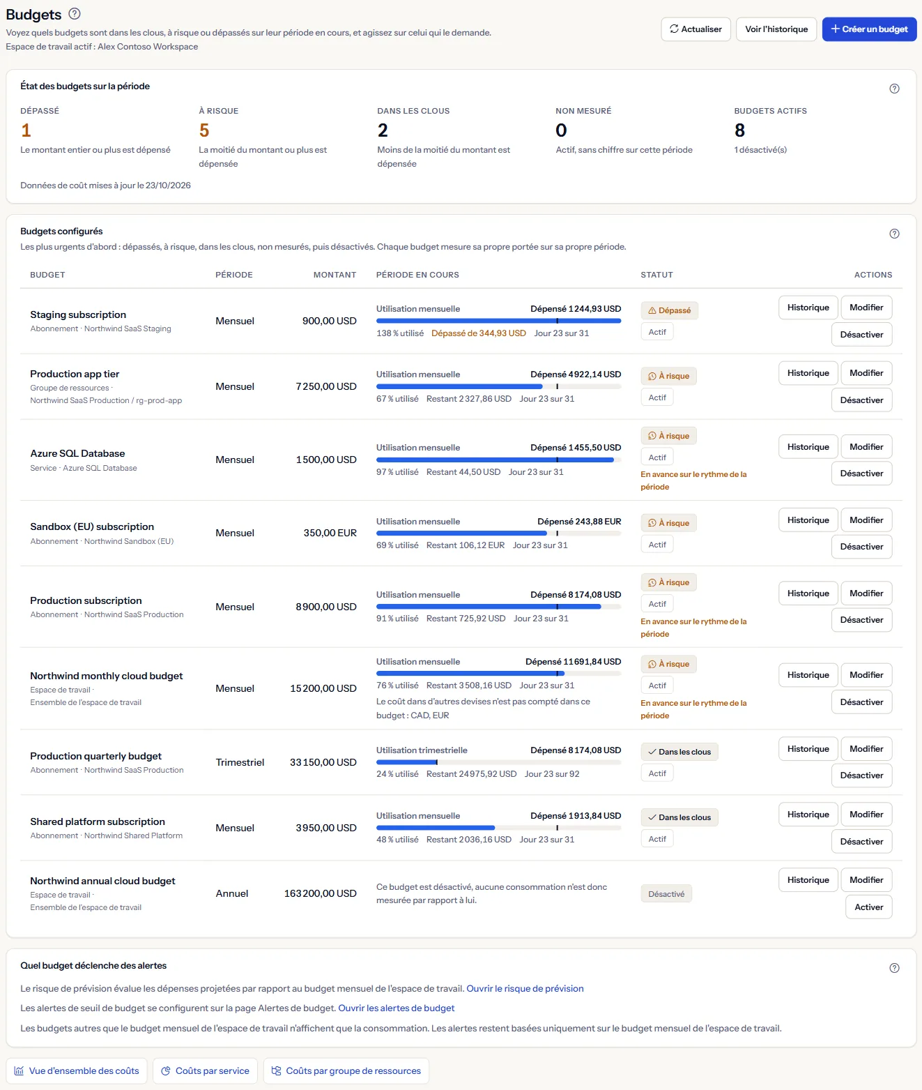 La page Budgets de l'espace de travail d'exemple : l'en-tête et ses trois actions, le résumé de l'état des budgets, la liste des budgets avec l'utilisation de la période, la carte qui indique quel budget déclenche des alertes, et les liens vers les pages de coûts.