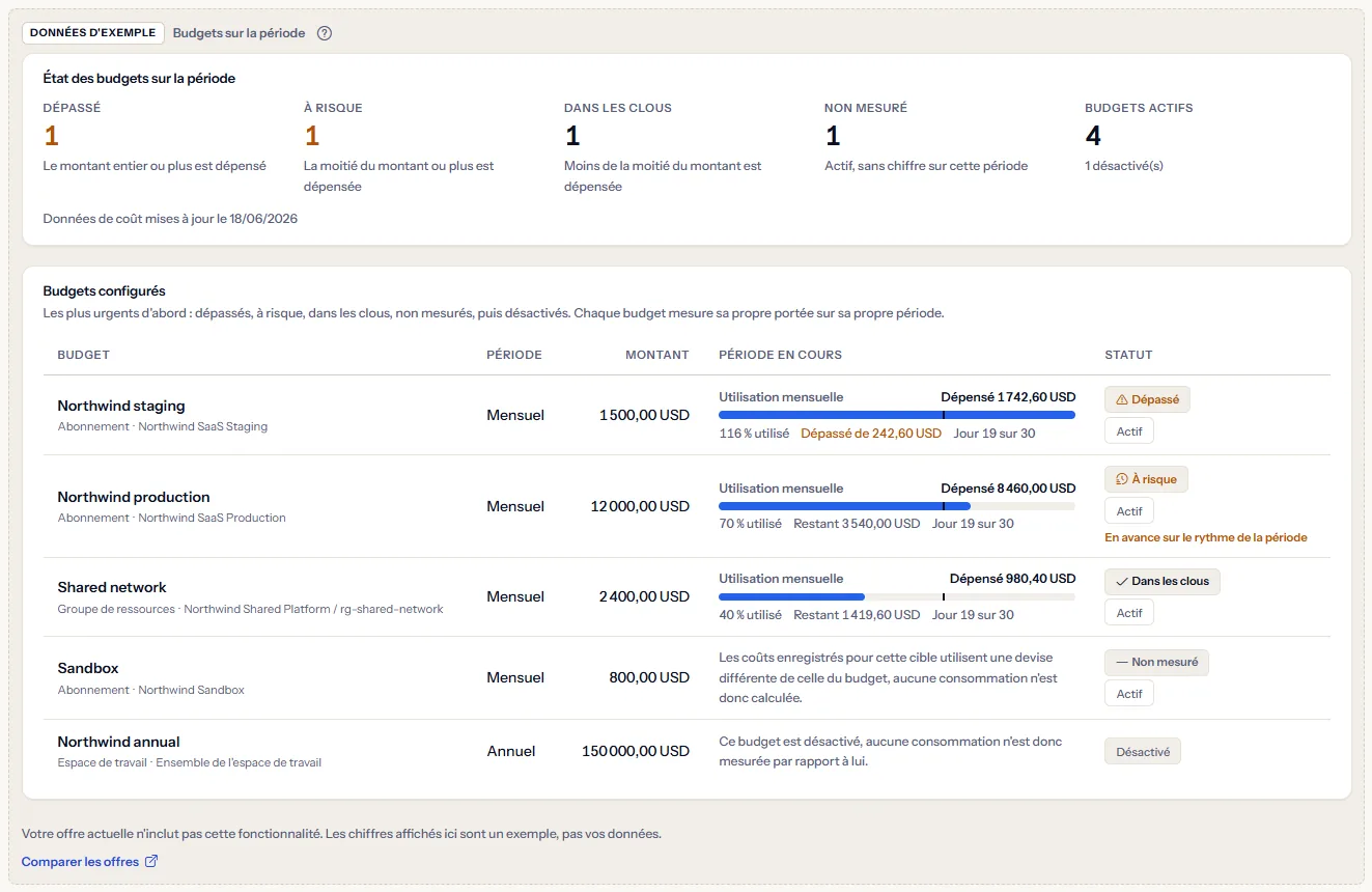 L'exemple de la page Budgets sous une étiquette visible de données d'exemple : le résumé et cinq budgets fictifs avec leur utilisation et leur niveau, une phrase indiquant que l'offre n'inclut pas la fonctionnalité, et un lien pour comparer les offres.