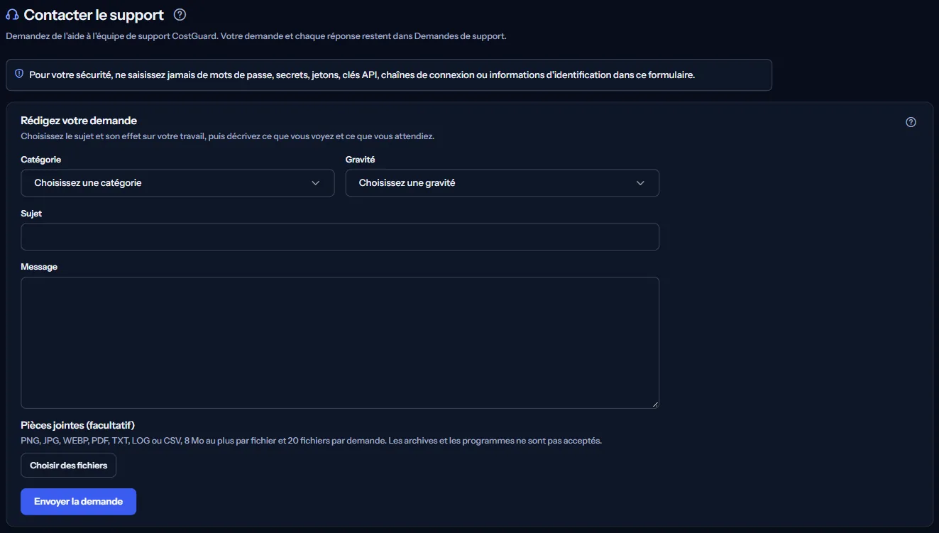 La page « Contacter le support » avec le rappel de ne jamais envoyer d'identifiant et le formulaire vide : catégorie, gravité, objet, message et pièces jointes.