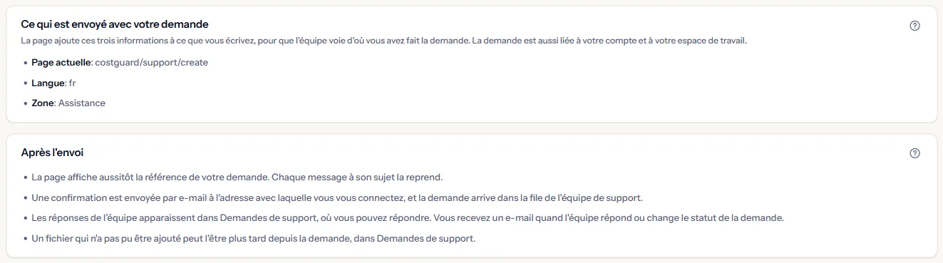 Les panneaux qui listent ce qui est envoyé avec une demande (la page, la langue et la partie) et ce qui se passe après l'envoi.