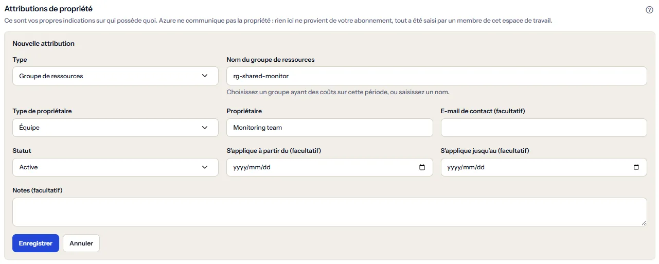 Le formulaire d'attribution ouvert depuis un groupe de ressources sans propriétaire, avec le type réglé sur groupe de ressources et le nom du groupe rempli, et des champs pour le type de propriétaire, le propriétaire, l'e-mail de contact, le statut, les dates et les notes.