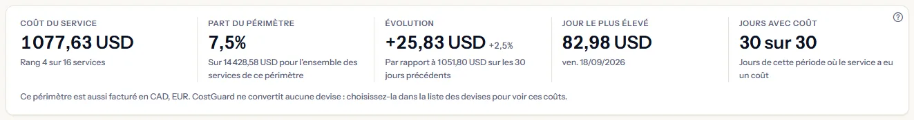 Les cinq chiffres de Virtual Machines sur les 30 derniers jours : son coût et son rang, sa part du périmètre, l'évolution par rapport aux 30 jours précédents, son jour le plus élevé et ses jours avec coût.