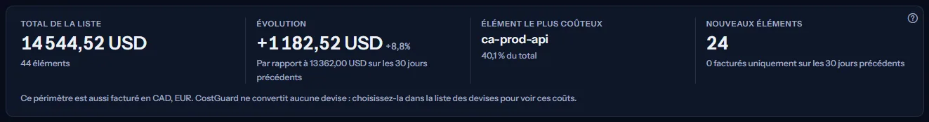 Les quatre chiffres de la liste sur les 30 derniers jours : le total avec son nombre d'éléments, l'évolution par rapport aux 30 jours précédents, l'élément le plus coûteux avec sa part, et les nouveaux éléments avec le nombre d'éléments facturés seulement avant.