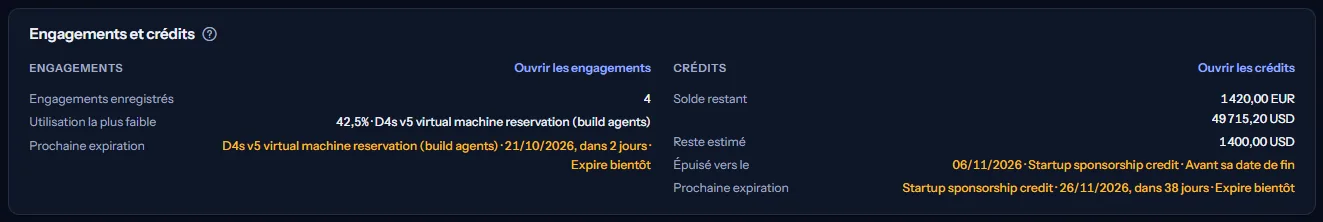 Le panneau des engagements et crédits : d'un côté le nombre d'engagements, l'utilisation la plus faible et la prochaine expiration ; de l'autre le solde restant pour chaque devise, le restant estimé des subventions suivies, le jour où une subvention suivie s'épuise avec une marque indiquant que c'est avant sa date de fin, et la prochaine expiration.