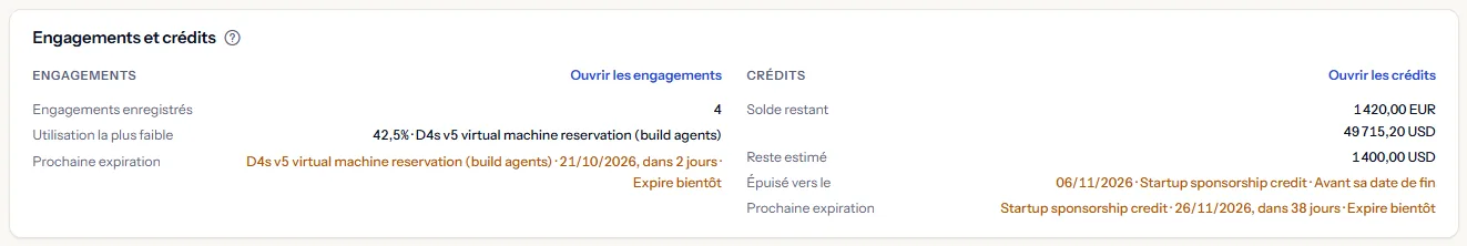 Le panneau des engagements et crédits : d'un côté le nombre d'engagements, l'utilisation la plus faible et la prochaine expiration ; de l'autre le solde restant pour chaque devise, le restant estimé des subventions suivies, le jour où une subvention suivie s'épuise avec une marque indiquant que c'est avant sa date de fin, et la prochaine expiration.
