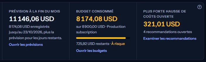 Trois vignettes : la prévision à la fin du mois avec la part enregistrée indiquée en dessous, le budget consommé avec une barre et une étiquette de risque, et la plus forte hausse de coûts ouverte avec le nombre de recommandations ouvertes.