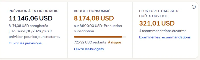 Trois vignettes : la prévision à la fin du mois avec la part enregistrée indiquée en dessous, le budget consommé avec une barre et une étiquette de risque, et la plus forte hausse de coûts ouverte avec le nombre de recommandations ouvertes.