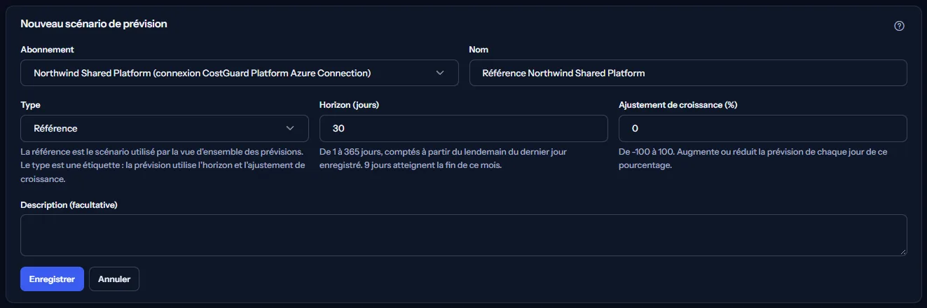 Le formulaire d'un nouveau scénario de prévision ouvert depuis la création de référence : Northwind Shared Platform choisi avec sa connexion, un nom proposé, le type référence, un horizon de 30 jours avec l'indication des jours qui atteignent la fin de ce mois, un ajustement de croissance de 0 et une description vide.