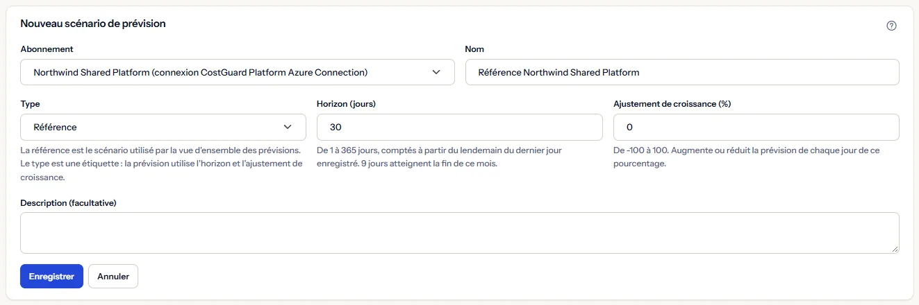 Le formulaire d'un nouveau scénario de prévision ouvert depuis la création de référence : Northwind Shared Platform choisi avec sa connexion, un nom proposé, le type référence, un horizon de 30 jours avec l'indication des jours qui atteignent la fin de ce mois, un ajustement de croissance de 0 et une description vide.