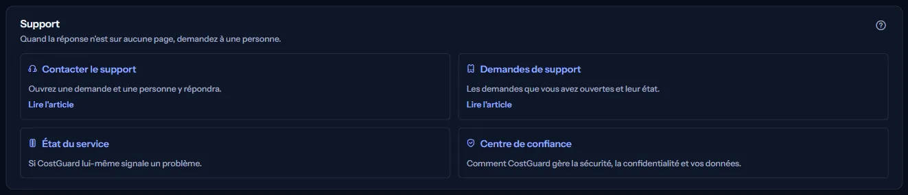 Le groupe « Support » du centre d'aide, avec les cartes « Contacter le support », « Demandes de support », « État du service » et « Centre de confiance ».
