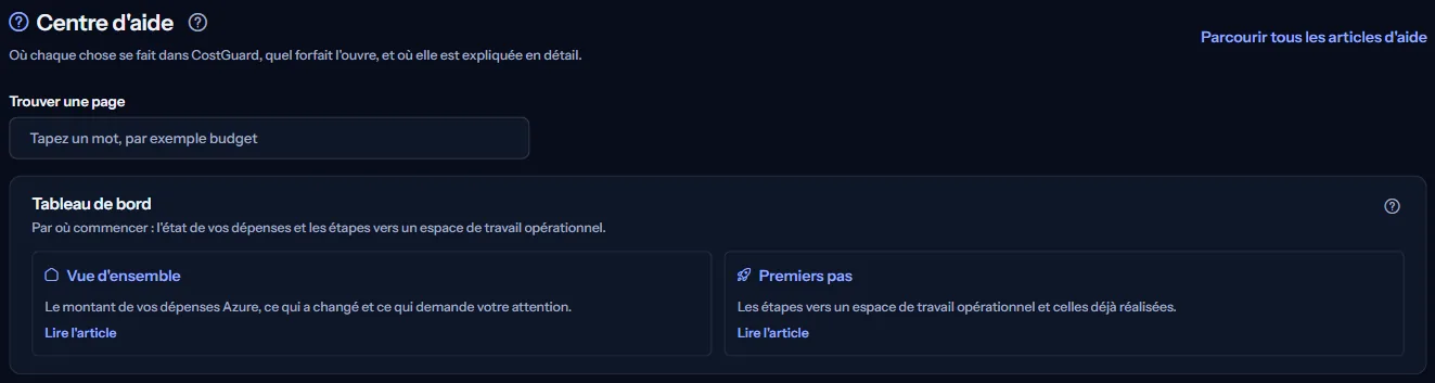 Le haut du centre d'aide : le titre, le lien « Parcourir tous les articles d'aide », la zone « Trouver une page » et le premier groupe de cartes.