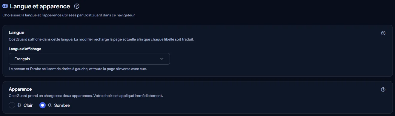 La page Langue et apparence : la liste des langues d'affichage et les choix Clair et Sombre.