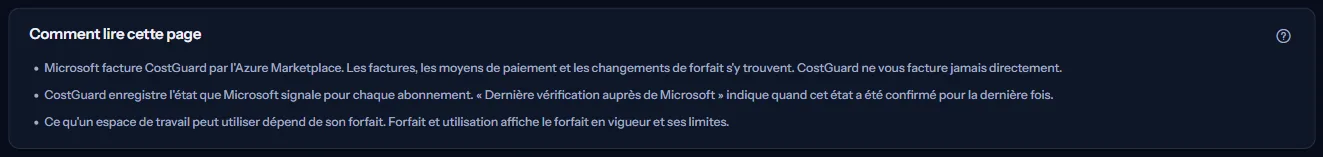 Les notes de la page : qui facture CostGuard, ce qu'est la dernière vérification auprès de Microsoft, et où le forfait en vigueur est affiché.
