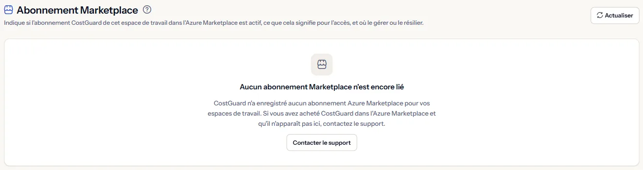 La page Abonnement Marketplace d'un espace de travail sans abonnement lié : le titre, la phrase indiquant qu'aucun n'est encore lié, et le lien de contact du support.