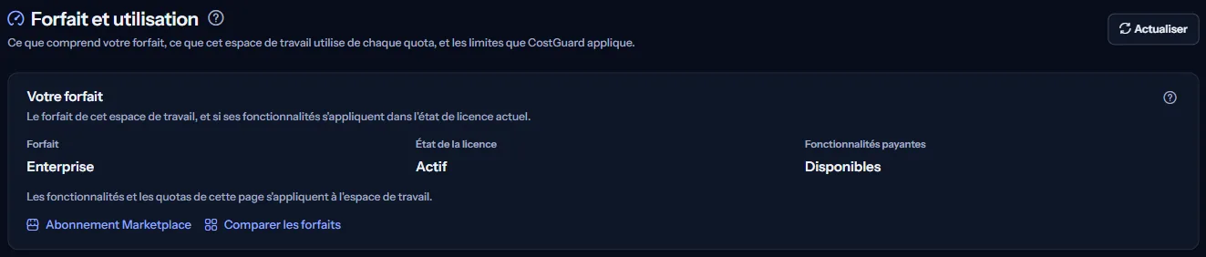 Le haut de la page Forfait et utilisation : le forfait, l'état de sa licence, la disponibilité des fonctionnalités payantes, et les liens vers l'abonnement Marketplace et vers la comparaison des forfaits.