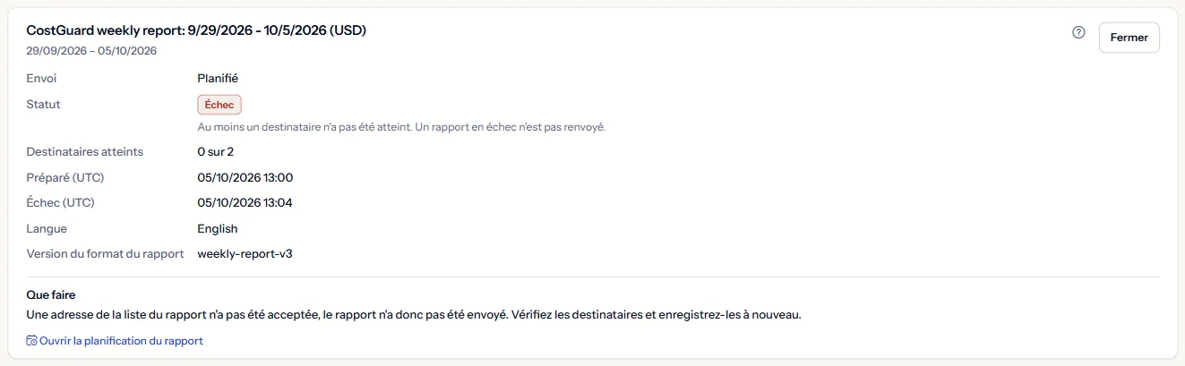 Les détails d'un envoi en échec : sa semaine, son type, le statut Échec, le nombre de destinataires atteints, les heures en UTC, la langue du rapport, ce que signifie le statut et quoi faire, avec un lien vers la planification du rapport.