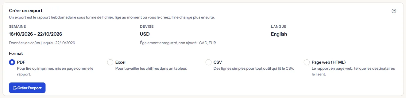Le panneau Créer un export de l'espace de travail d'exemple : la semaine, la devise avec les autres devises nommées, la langue, les quatre formats avec leur usage, et le bouton Créer l'export.