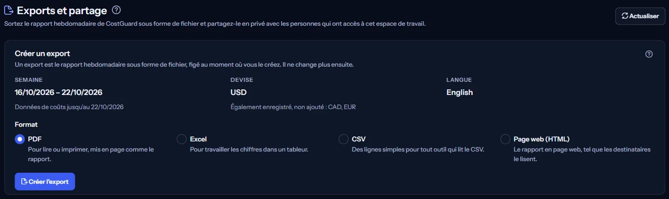 Le haut de la page Exports et partage : le titre et le panneau qui crée un export, avec la semaine, la devise et la langue que couvre le prochain export.
