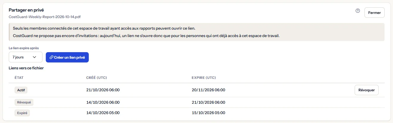 Le panneau Partager en privé d'un export PDF : pour qui un lien s'ouvre, le choix de l'expiration, le bouton Créer un lien privé, et les liens du fichier, un actif, un expiré et un révoqué.