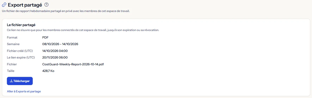 La page Export partagé ouverte depuis un lien actif : le format, la semaine, la date de création, l'expiration du lien et la taille du fichier, avec le bouton Télécharger.
