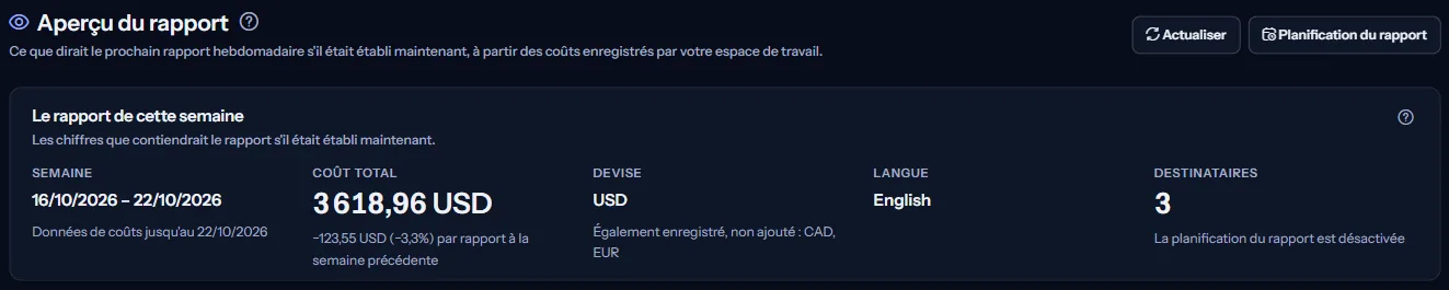 Le haut de la page Aperçu du rapport : le titre et le rapport de cette semaine avec sa semaine, la date des dernières données de coût, le coût total et son évolution par rapport à la semaine précédente, la devise avec les autres devises nommées, la langue et les destinataires.