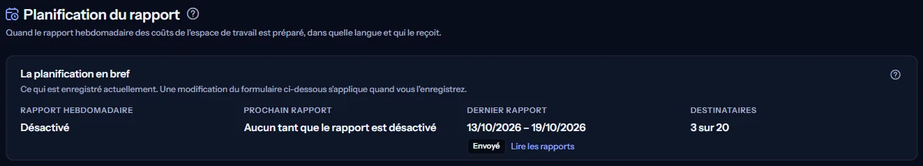 Le haut de la page Planification du rapport : le titre et la planification en bref, avec le rapport hebdomadaire désactivé, aucun prochain rapport tant qu'il est désactivé, le dernier rapport avec sa semaine et son statut, et trois destinataires sur vingt.
