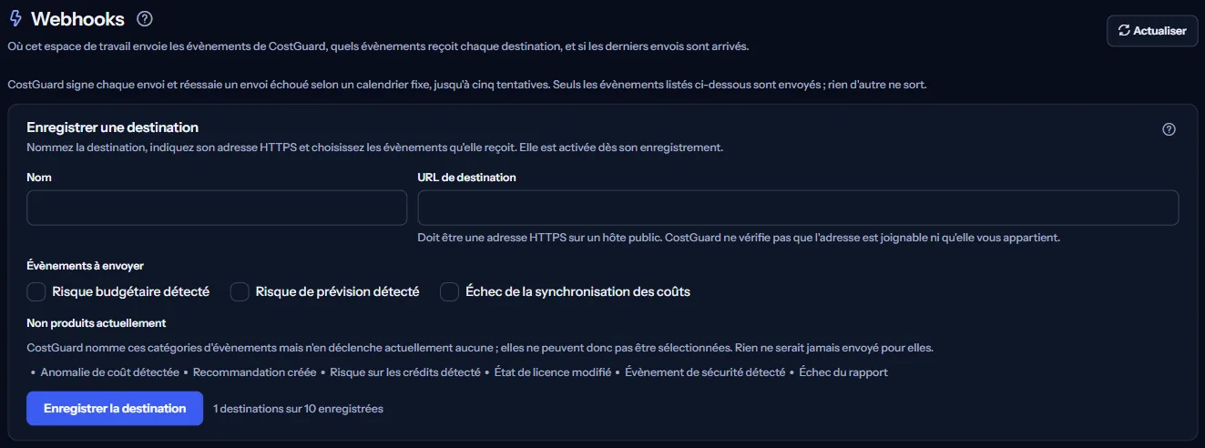 Le haut de la page Webhooks : le titre, la remarque sur les livraisons et le panneau d'enregistrement d'une destination avec son nom, son adresse HTTPS et les événements à envoyer.