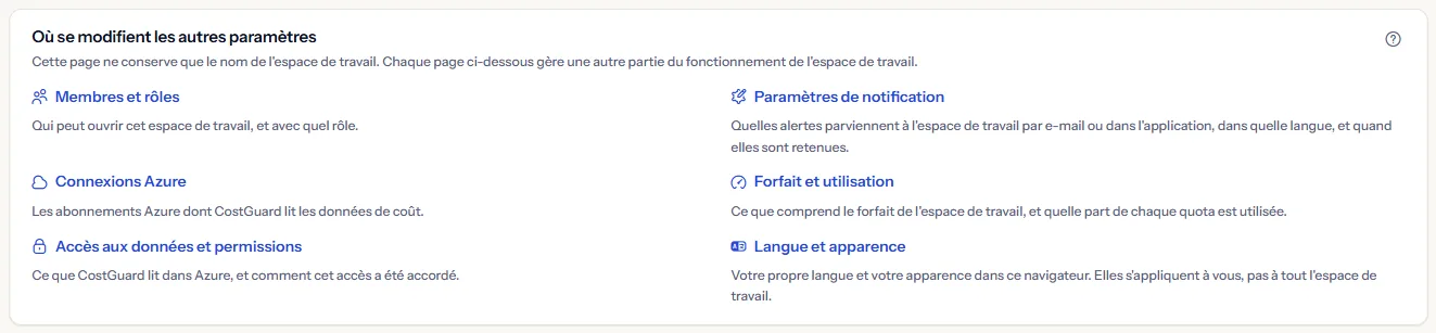 La liste des pages où se modifient les autres réglages de l'espace de travail, chacune avec une ligne qui dit ce qu'elle gère.